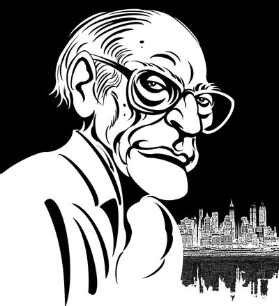 Arthur Miller, amerikanischer Dramatiker (1915-2005); Karikatur in Schwarz-Weiß von Neale Osborne